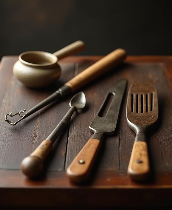丁寧に手入れされた伝統的な調理器具。(Carefully maintained traditional cooking tools.)